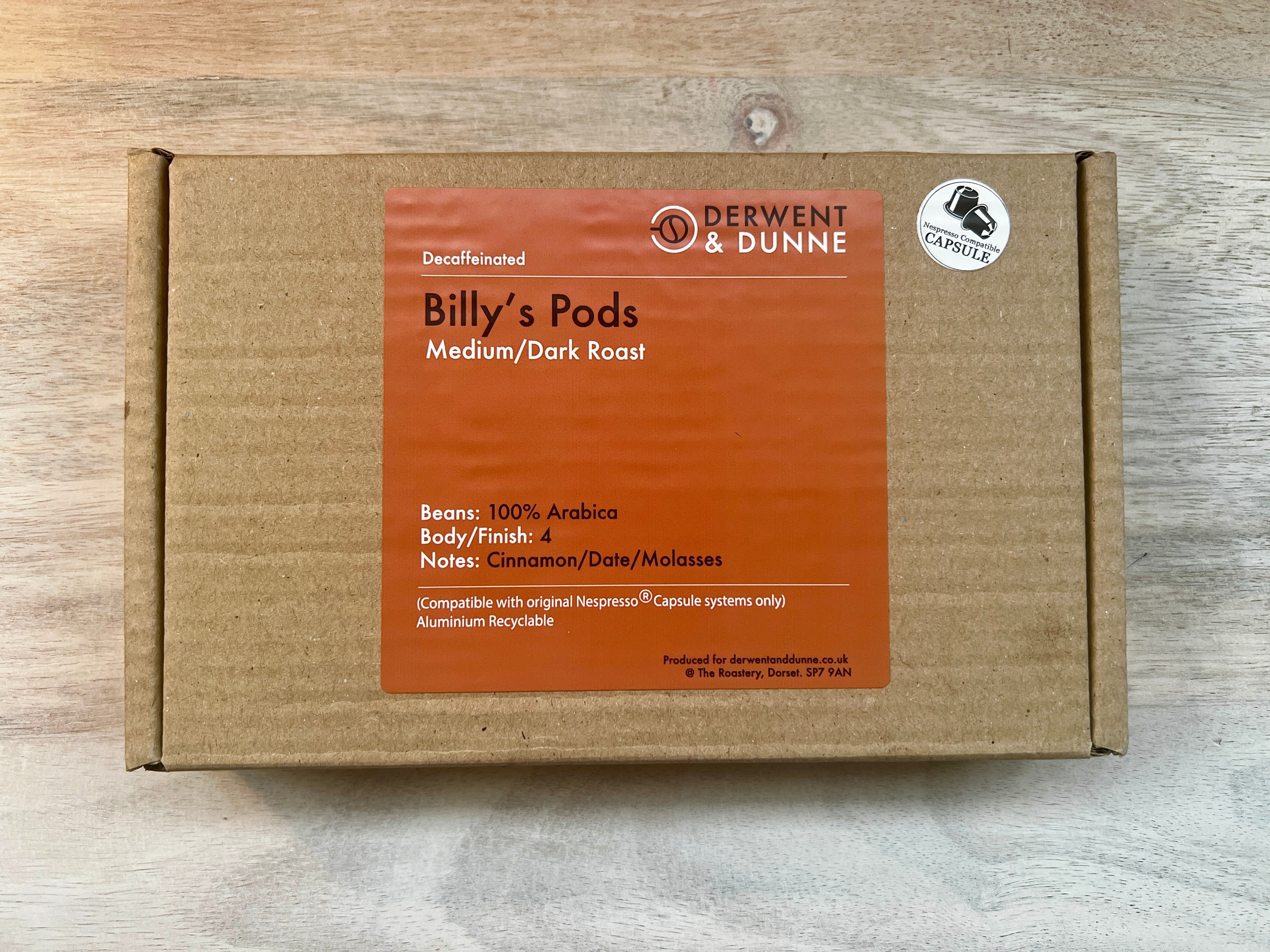 BILLY's PODS Decaffeinated - Mountain Water Process (Medium/Dark Roast) Cinnamon, Dates and Molasses